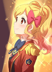 Rule 34 | 10s, 1girl, aikatsu! (series), aikatsu stars!, badge, blonde hair, blue bow, blue bowtie, blush, bow, bowtie, brown eyes, closed mouth, epaulettes, eyelashes, from side, gradient hair, hair bow, highres, jacket, lens flare, long sleeves, looking up, multicolored hair, nijino yume, pink bow, pink hair, red jacket, s4 uniform, sekina, smile, solo, sparkle, spotlight, twintails, upper body