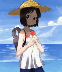 Rule 34 | absurdres, android, black eyes, black hair, chanzai, cloud, day, flower, hat, highres, holding, holding flower, nichijou, ocean, outdoors, scenery, shinonome nano, short hair, sky, smile, straw hat, summer, waves, winding key