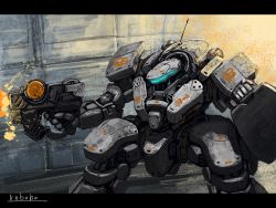 Rule 34 | bottoms1237, clenched hand, firing, glowing, gun, highres, holding, holding gun, holding weapon, letterboxed, looking ahead, mecha, no humans, original, robot, science fiction, solo, visor, weapon