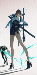 1girl absurdres artist_name black_footwear black_gloves black_skirt breasts closed_mouth dress_shirt ethereal_(zenless_zone_zero) full_body gloves hair_between_eyes high-waist_skirt high_heels highres holding holding_polearm holding_weapon large_breasts lightning long_hair looking_to_the_side naginata pencil_skirt pink_eyes pink_hair polearm serious shirt sidelocks skirt solo standing tsukishiro_yanagi weapon weibo_watermark white_shirt yikou_qishui_jiangzi zenless_zone_zero