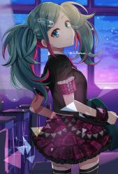 Rule 34 | 1girl, aqua eyes, aqua hair, black shirt, black thighhighs, classroom, commentary, cowboy shot, curtains, desk, electric guitar, frilled skirt, frills, from behind, guitar, hatsune miku, highres, holding, holding instrument, instrument, leo/need miku, looking at viewer, looking back, medium hair, michikake, miniskirt, multicolored hair, night, paperclip, paperclip hair ornament, pink hair, plaid, plaid skirt, project sekai, shirt, short sleeves, skirt, smile, solo, streaked hair, thighhighs, twintails, twitter username, vocaloid, window, wristband, zettai ryouiki