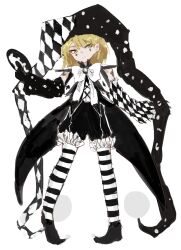 Rule 34 | 1girl, akaimo (akaimokou), asymmetrical sleeves, black coat, black footwear, black shorts, blonde hair, closed mouth, coat, e.g.o (project moon), frilled shorts, frills, green eyes, hat, highres, jester cap, library of ruina, looking at viewer, medium hair, mismatched sleeves, pantyhose, project moon, shoes, shorts, simple background, solo, striped clothes, striped pantyhose, the jester of nihil, tiphereth a (project moon), white background