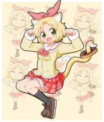 Rule 34 | 1girl, animal ears, annaka haruna, black thighhighs, blonde hair, border, bow, brown footwear, cat tail, character background, doughnut, food, hair bow, highres, kemonomimi mode, light blush, nichijou, open mouth, owlz, patterned background, paw pose, plaid, plaid skirt, pleated skirt, pocket, red bow, sailor collar, school uniform, short hair, skirt, smile, solo, squatting, tail, thighhighs, tokisadame school uniform, white border, white sailor collar, yellow background