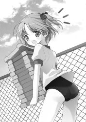 Rule 34 | 1girl, :o, ass, bad id, bad pixiv id, blush, carrying, chain-link fence, fang, fence, greyscale, gym uniform, kickboard, kimishima ao, looking back, monochrome, no pants, one-piece swimsuit, original, school swimsuit, short hair, shy, solo, surprised, swimsuit, swimsuit under clothes
