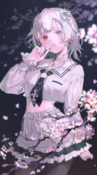 Rule 34 | 1girl, absurdres, arm behind back, blouse, blurry, blurry foreground, branch, breasts, chain, cherry blossoms, collar, cowboy shot, earrings, fingernails, hair ornament, hand up, highres, jewelry, kinoruru toiro, long fingernails, long sleeves, looking at viewer, multicolored hair, nail polish, orange eyes, original, pantyhose, parted lips, petals, red hair, red nails, sailor collar, shirt, short hair, skirt, small breasts, solo, streaked hair, two-tone hair, white hair
