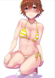 Rule 34 | 1girl, alternate costume, bikini, blush, breasts, brown hair, cleavage, closed mouth, collarbone, commentary request, groin, hair between eyes, halterneck, hand on own knee, honda mio, idolmaster, idolmaster cinderella girls, looking at viewer, medium breasts, navel, nose blush, partial commentary, shiroyukimajima, side-tie bikini bottom, simple background, skindentation, smile, solo, squatting, stomach, striped bikini, striped clothes, swimsuit, two-tone bikini, white background, yellow bikini