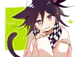 Rule 34 | 1boy, 4 (nakajima4423), animal ears, arm belt, belt, black scarf, cat ears, cat tail, checkered clothes, checkered scarf, commentary request, danganronpa (series), danganronpa v3: killing harmony, dated, fingernails, hair between eyes, hands on own knees, jacket, kemonomimi mode, knees up, layered sleeves, light blush, long sleeves, looking at viewer, oma kokichi, open mouth, pants, paw print, purple eyes, purple hair, scarf, short hair, simple background, sitting, sleeves past wrists, smile, solo, tail, teeth, torn clothes, torn scarf, two-tone scarf, upper body, white background, white belt, white jacket, white pants, white scarf
