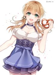 Rule 34 | 1girl, alternate costume, anchor, anchor hair ornament, apron, aqua eyes, blonde hair, blue apron, blue dress, collarbone, dirndl, dress, food, german clothes, hair ornament, highres, holding, holding food, kantai collection, kozu (bloomme1 me), long hair, low twintails, open mouth, pinafore dress, pleated skirt, pretzel, prinz eugen (kancolle), puffy short sleeves, puffy sleeves, short sleeves, skirt, sleeveless dress, smile, solo, twintails, underbust, waist apron