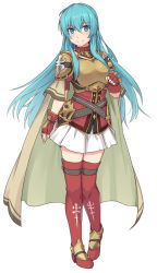 Rule 34 | 1girl, arm at side, armor, blue eyes, blue hair, blush, boots, breastplate, cape, clenched hand, closed mouth, commentary request, eirika (fire emblem), faulds, fingerless gloves, fire emblem, fire emblem: the sacred stones, full body, gloves, grey cape, long hair, looking at viewer, miniskirt, nintendo, pauldrons, red footwear, red gloves, shiseki hirame, shoulder armor, simple background, skirt, smile, solo, split mouth, standing, thigh boots, thighhighs, very long hair, white background, white skirt, zettai ryouiki