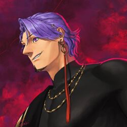 Rule 34 | 1boy, black shirt, duryodhana (fate), earrings, facial hair, fate/grand order, fate (series), fusso oekaki, goatee, goatee stubble, hair ornament, hairclip, highres, jewelry, male focus, mature male, muscular, muscular male, necklace, purple eyes, purple hair, red background, sash, shirt, short hair, shoulder sash, single earring, smile, solo, stubble, upper body