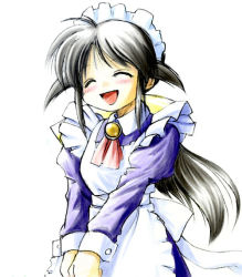 Rule 34 | 1girl, :d, ^ ^, andou mahoro, artist request, back bow, black hair, blush, bow, closed eyes, long hair, long sleeves, mahoromatic, maid, maid headdress, open mouth, shurayuuki, simple background, smile, solo, v arms, white background