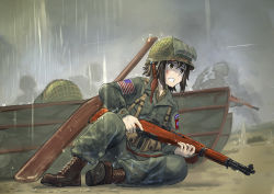 Rule 34 | 1girl, 82 airborne, american flag, beach, blood, blood on face, boat, boots, brown eyes, brown footwear, brown hair, clenched teeth, combat helmet, commentary, cross-laced footwear, erica (naze1940), flag, gun, helmet, highres, historical event, holding, holding gun, holding weapon, jacket, lace-up boots, long sleeves, m1 garand, m1 helmet, military, military jacket, military uniform, oar, original, outdoors, pants, pants tucked in, paratrooper, pocket, rain, real life, revision, rifle, short hair, soldier, solo focus, storm, teeth, uniform, united states, war, watercraft, weapon, world war ii