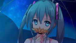 Rule 34 | 1girl, aqua eyes, aqua hair, bare shoulders, commentary, covering own mouth, double exposure, flower, hair ornament, hatsune miku, highres, holding, holding flower, long hair, looking at viewer, night, ryuuga sazanami, shirt, sky, sleeveless, sleeveless shirt, solo, star (sky), starry sky, twintails, umbrella, upper body, vocaloid, white shirt, yellow flower