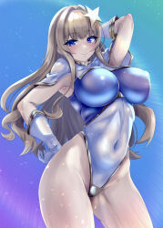 Rule 34 | 1girl, arm behind head, armpits, blonde hair, blue background, blue eyes, breasts, colored eyelashes, contrapposto, cosplay, covered navel, cowboy shot, dolphin wave, gloves, gradient background, gundam, gundam seed, gundam seed destiny, hair intakes, hair ornament, hand on own hip, highleg, highleg swimsuit, highres, kidomonika, kirahoshi kanna, large breasts, long hair, meer campbell, meer campbell (cosplay), model pose, multicolored leotard, seductive smile, sidelocks, smile, solo, standing, star (symbol), star hair ornament, swimsuit, white gloves