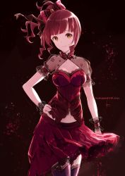 Rule 34 | 10s, 1girl, blush, breasts, brown eyes, brown hair, cleavage, dress, hidaka kouyou, highres, idolmaster, idolmaster cinderella girls, idolmaster cinderella girls starlight stage, igarashi kyoko, long hair, looking at viewer, open mouth, red dress, side ponytail, smile, solo, thighhighs