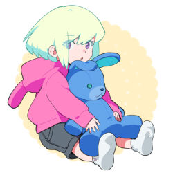Rule 34 | 1boy, :o, aged down, animal ears, child, commentary request, green hair, holding, holding stuffed toy, hood, hoodie, lio fotia, looking at viewer, male focus, ns1123, pink hoodie, promare, purple eyes, short hair, shorts, sidelocks, simple background, sitting, socks, stuffed animal, stuffed rabbit, stuffed toy, white background, white socks