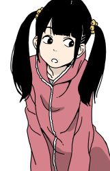 Rule 34 | 1girl, black eyes, black hair, blunt bangs, collarbone, hair bobbles, hair ornament, highres, hosoo, looking to the side, simple background, solo, sweater, twintails, white background