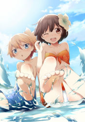 Rule 34 | 1boy, 1girl, :&lt;, :d, bare shoulders, barefoot, beach, bikini, blonde hair, blue eyes, blue male swimwear, blue sky, blue swim trunks, brown eyes, brown hair, character request, cloud, collarbone, day, feet, flower, foot focus, front-tie top, fuyutarou, hair flower, hair ornament, hibiscus hair ornament, high ponytail, highres, lens flare, looking at viewer, male swimwear, mountain, no shirt, one eye closed, open mouth, outdoors, panties, pantyshot, print bikini, sand, shinsengumi hitou wolf x wolves, short hair, short ponytail, shorts, side-tie skirt, sitting, sky, smile, soles, splashing, swim trunks, swimsuit, toenails, toes, topless male, tsurime, underwear, water, wink