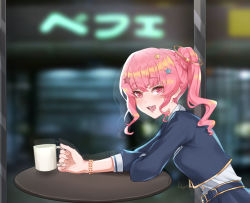 Rule 34 | 1girl, anemachi, artist name, befe, belt, blue jacket, blurry, blush, bracelet, breasts, cafe, city, commentary, cropped jacket, cup, depth of field, english commentary, engrish commentary, hair ornament, highres, holding, holding cup, hololive, indoors, jacket, jewelry, leaning forward, long hair, looking at viewer, medium breasts, mug, night, open mouth, pink hair, red eyes, reflection, ringlets, side ponytail, sidelocks, smile, solo, star (symbol), star hair ornament, storefront, table, virtual youtuber, wavy hair, window