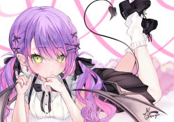 Rule 34 | 1girl, black footwear, black skirt, blush, closed mouth, demon girl, demon tail, demon wings, ear piercing, feet up, green eyes, hair ornament, hairclip, highres, hololive, looking at viewer, lying, nail polish, on stomach, piercing, pink hair, pink nails, pleated skirt, pointy ears, purple hair, shirt, shoes, signature, skirt, socks, solo, tail, the pose, tokoyami towa, twintails, usa (yameusa), virtual youtuber, white shirt, white socks, wings, x hair ornament