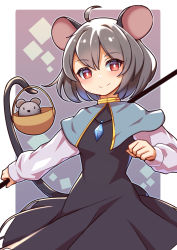 Rule 34 | 1girl, ahoge, animal ears, basket, black dress, blue capelet, border, bright pupils, capelet, closed mouth, dress, grey background, grey hair, highres, jewelry, long sleeves, looking at viewer, mouse (animal), mouse ears, mouse girl, mouse tail, nazrin, pendant, red eyes, short hair, smile, standing, tail, touhou, umenodo, white border, white pupils
