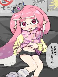 Rule 34 | 1girl, black shorts, blush, braid, clothes lift, commentary request, crown, eyelashes, fang, feet out of frame, gradient hair, highres, inkling, inkling girl, inkling player character, long hair, multicolored hair, navel, nintendo, nuts ktkt, on bed, open mouth, pink eyes, pink hair, pink sweater, pointy ears, purple hair, short shorts, shorts, single braid, sitting, sleeves past wrists, solo, speech bubble, splatoon (series), sweat, sweater, sweater lift, teeth, tentacle hair, thick eyebrows, translation request, two-tone hair, two-tone sweater, yellow sweater