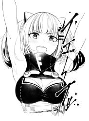 Rule 34 | 1girl, absurdres, akagi asahito, armpits, arms up, bare shoulders, breasts, cleavage, cleavage cutout, clothing cutout, dress, eyebrows, eyelashes, fang, greyscale, hair ornament, hairclip, highres, kaguya luna, large breasts, long hair, monochrome, obi, open mouth, sash, simple background, sleeveless, sleeveless dress, solo, teeth, the moon studio, tsurime, turtleneck, twintails, upper body, virtual youtuber, white background, x hair ornament