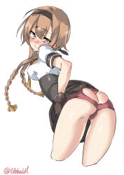 Rule 34 | 10s, 1girl, ass, ass cutout, blush, braid, breasts, brown eyes, brown gloves, brown hair, brown skirt, closed mouth, clothes lift, clothing cutout, commentary request, cowboy shot, cropped legs, ebifurya, from behind, gloves, hair between eyes, hair ornament, hairband, heart cutout, highres, kantai collection, lifting own clothes, long hair, looking at viewer, looking back, medium breasts, neckerchief, panties, pleated skirt, propeller hair ornament, red panties, school uniform, serafuku, short sleeves, simple background, skirt, skirt lift, solo, standing, tears, teruzuki (kancolle), twin braids, twitter username, underwear, white background