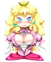 Rule 34 | 1girl, blonde hair, blue eyes, blush, breasts, cleavage cutout, clothing cutout, crown, earrings, elbow gloves, female focus, gloves, jewelry, large breasts, mario (series), nintendo, princess peach, solo, tears, white background, white gloves, yukimimi