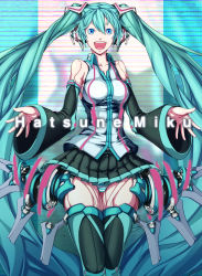 Rule 34 | 1girl, :d, android, aqua eyes, aqua hair, bad id, bad pixiv id, black skirt, detached sleeves, hatsune miku, highres, joints, long hair, miniskirt, nest (artist), open mouth, panties, pantyshot, pleated skirt, robot joints, skirt, smile, solo, standing, striped clothes, striped panties, thighhighs, underwear, very long hair, vocaloid, zettai ryouiki