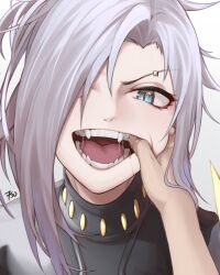 Rule 34 | 1girl, absurdres, angry, artist name, blue eyes, commission, facial scar, fangs, finger in another&#039;s mouth, frenchvanillu, girls&#039; frontline, grey background, grey hair, hair over one eye, highres, looking at viewer, medium hair, mg5 (girls&#039; frontline), mg5 (knight of calamity) (girls&#039; frontline), official alternate costume, open mouth, portrait, pov, pov hands, scar, scar on cheek, scar on face, teeth, tongue