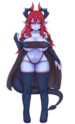 Rule 34 | 1girl, bad link, bare shoulders, black cape, black sclera, blue footwear, blue gloves, blue skin, boots, breasts, bridal gauntlets, cape, collarbone, colored sclera, colored skin, commentary, commission, demon (monster girl encyclopedia), demon girl, demon horns, demon tail, elbow gloves, english commentary, full body, gloves, hair between eyes, heart, heart tattoo, high heel boots, high heels, highres, horns, large breasts, long hair, looking at viewer, monster girl encyclopedia, nav (itsnav), navel, pointy ears, pubic tattoo, red eyes, red hair, shortstack, simple background, skindentation, smile, solo, strapless, tail, tattoo, thigh boots, thighhighs, tube top, white background, wide hips