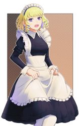 Rule 34 | 1girl, alternate costume, apron, blonde hair, blue eyes, breasts, constance von nuvelle, female focus, fire emblem, fire emblem: three houses, hands on lap, highres, long sleeves, looking to the side, maid, maid apron, maid headdress, medium breasts, nintendo, open mouth, pantyhose, short hair, simple background, surprised, thighhighs, ue ereb, upper body