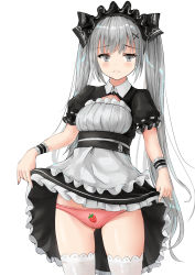 Rule 34 | 1girl, absurdres, apron, black dress, breasts, cameltoe, closed mouth, clothes lift, commentary, cowboy shot, dress, dress lift, food print, frown, gluteal fold, grey eyes, grey hair, hair ornament, highres, lifted by self, long hair, looking at viewer, maid, maid apron, maid headdress, original, panties, pink panties, print panties, qianqiu wanxia, short sleeves, simple background, small breasts, solo, standing, strawberry panties, strawberry print, thighhighs, thighs, twintails, underwear, very long hair, white background, white thighhighs, wing collar, wrist cuffs, x hair ornament