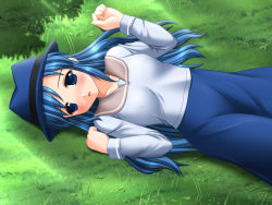 Rule 34 | 1girl, :o, blue eyes, blue hair, blue skirt, blush, breasts, collarbone, covered erect nipples, fedora, field, from above, game cg, grass, hands up, hat, kafu (logaemon), long hair, long skirt, long sleeves, lorna, mabinogi, matching hair/eyes, open mouth, plant, shirt, skirt, small breasts, solo, white shirt