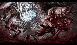 Rule 34 | absurdres, blood, blood from mouth, bloodborne, bloodshot eyes, extra eyes, fangs, fighting, hat, highres, horror (theme), hunter (bloodborne), kankan33333, letterboxed, long coat, ludwig the accursed, monster, saliva, tongue
