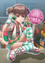 Rule 34 | 10s, 1girl, abazu-red, alisa (girls und panzer), alternate costume, aqua thighhighs, backpack, bag, belt, bikini, bikini top only, blue bikini, boots, brown eyes, brown hair, candy, character name, english text, food, freckles, full body, girls und panzer, gloves, graffiti, hair ornament, hands on headwear, headphones, hood, hoodie, jacket, lollipop, looking at viewer, midriff, mouth hold, multicolored boots, multicolored clothes, multicolored gloves, multicolored jacket, multicolored shorts, open clothes, open jacket, pouch, shadow, short hair, short shorts, short twintails, shorts, single glove, sitting, solo, star (symbol), star hair ornament, striped bikini, striped bikini top, striped clothes, striped thighhighs, swimsuit, thighhighs, twintails, wristband