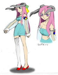 Rule 34 | 1girl, bare shoulders, bow, character name, character sheet, detached sleeves, hair bow, high heels, horns, long hair, long legs, longhorn, looking afar, looking at viewer, midriff, narrow waist, os-tan, outstretched arm, parted bangs, pencil skirt, pink hair, purple eyes, see-through, shadow, shoes, simple background, single thighhigh, sketch, skirt, sleeves past wrists, standing, strapless, thighhighs, tube top, very long hair, white background, white thighhighs