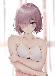 Rule 34 | 1girl, anna purna, blush, bra, breasts, breasts squeezed together, cleavage, collarbone, crossed arms, eyes visible through hair, fate/grand order, fate (series), hair over one eye, lace, lace-trimmed bra, lace trim, light purple hair, looking at viewer, mash kyrielight, medium breasts, midriff peek, navel, pout, purple eyes, short hair, solo, underwear, underwear only, upper body, window