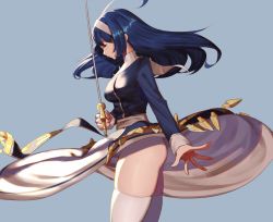 Rule 34 | 1girl, ahoge, ass, bad id, bad twitter id, blue background, blue hair, breasts, closed eyes, cowboy shot, dress, hairband, holding, holding sword, holding weapon, long hair, long sleeves, looking down, medium breasts, orie ballardiae harada, profile, simple background, skindentation, solo, standing, suwaiya, sword, thighhighs, under night in-birth, weapon, white hairband, white thighhighs