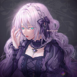 1girl absurdres artist_name black_dress blue_eyes bow braid breasts cleavage commentary dress frills gem gothic_lolita grey_background hair_bow hair_ribbon hand_up highres jewelry lipstick lolita_fashion long_hair makeup medium_breasts moe_draw2020 necklace original purple_gemstone ribbon solo upper_body very_long_hair white_hair