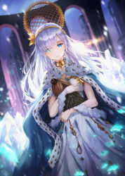 Rule 34 | 1girl, absurdres, anastasia (fate), arch, bad id, bad pixiv id, blue cape, blue cloak, blue eyes, building, cape, choker, cloak, closed mouth, commentary, crown, doll, dress, expressionless, fate/grand order, fate (series), fur trim, gem, hair between eyes, hair ornament, hair over one eye, hairband, highres, holding, holding doll, holding to chest, ice, ice crystal, jewelry, leaf hair ornament, long hair, looking at viewer, mini crown, necklace, neiless neiro, night, night sky, royal robe, silver hair, sky, solo, very long hair, white dress, yellow hairband