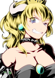 Rule 34 | 1girl, armlet, black dress, blonde hair, blue eyes, bowsette, breasts, cleavage, collar, collarbone, crown, dress, earrings, grin, horns, jewelry, kumaomega, long hair, looking at viewer, mario (series), new super mario bros. u deluxe, nintendo, portrait, sharp teeth, simple background, smile, solo, spiked armlet, spiked collar, spiked shell, spikes, strapless, strapless dress, super crown, teeth, turtle shell, white background
