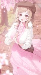 Rule 34 | animal, animal on shoulder, beret, between breasts, bird, bird on shoulder, blurry, blush, breasts, brick road, cardigan, center frills, cherry blossom print, cherry blossoms, depth of field, dress, falling petals, floral print, frills, hat, highres, idolmaster, idolmaster shiny colors, large breasts, light brown hair, looking at viewer, medium hair, outdoors, own hands together, palms together, petals, pigeon, pink dress, sakuragi mano, smile, strap between breasts, white cardigan, xiujia yihuizi
