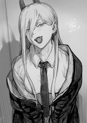 Rule 34 | + +, 1girl, artist name, blush, chainsaw man, clothes around waist, collared shirt, cross-shaped pupils, dated, demon girl, demon horns, eyebrows hidden by hair, fangs, grey background, greyscale, hair behind ear, hair between eyes, head tilt, highres, horns, jacket, jacket around waist, long hair, looking to the side, monochrome, necktie, neckwear request, off shoulder, open clothes, open jacket, open mouth, power (chainsaw man), sharp teeth, shiba itsuki, shirt, simple background, solo, symbol-shaped pupils, teeth, twitter username, upper body, very long hair