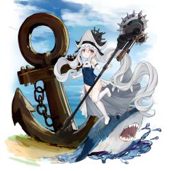 Rule 34 | 1girl, absurdly long hair, absurdres, aged down, anchor, arknights, black hat, blue one-piece swimsuit, blue sky, chain, full body, grey hair, hair between eyes, hat, hat ornament, highres, holding, holding jewelry, holding weapon, jewelry, kuroshiroemaki, long hair, one-piece swimsuit, outdoors, red eyes, school swimsuit, shark, sky, solo, specter (arknights), specter the unchained (arknights), swimsuit, thighhighs, very long hair, weapon, white thighhighs