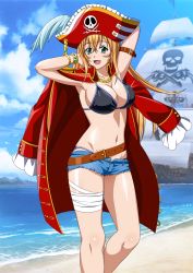 Rule 34 | 00s, 1girl, aqua eyes, armpits, arms behind head, arms up, bandages, beach, black bra, bra, breasts, cleavage, cloud, collarbone, costume, day, denim, denim shorts, eyebrows, hat, ikkitousen, jolly roger, large breasts, light brown hair, long hair, looking at viewer, navel, ocean, open mouth, outdoors, pirate costume, pirate hat, short shorts, shorts, sideboob, sky, smile, solo, sonsaku hakufu, underwear