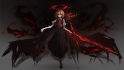 Rule 34 | 1girl, ascot, blonde hair, commentary request, dark, darkness, dress, ekamachiko, energy sword, ex-rumia, full body, halo, highres, puffy short sleeves, puffy sleeves, red eyes, rumia, short hair, short sleeves, smile, solo, sword, touhou, weapon