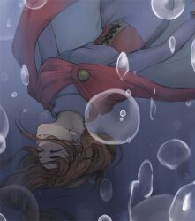 Rule 34 | 1girl, breasts, brown hair, bubble, cape, chiho-m, circlet, closed eyes, corset, dress, gensou suikoden, gensou suikoden i, headband, long hair, medium breasts, odessa silverberg, smile, solo, underwater