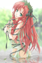Rule 34 | 1girl, aqua eyes, ass, braid, breasts, covered erect nipples, female focus, green eyes, hair ribbon, head tilt, head wreath, highres, hong meiling, leaf, lips, long hair, looking at viewer, medium breasts, monety, red hair, reflection, ribbon, see-through, solo, touhou, upper body, water, wet, wet clothes